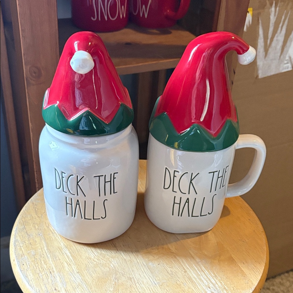 Festive 'Deck the Halls' Mug and canister Set with Santa Hat Lids